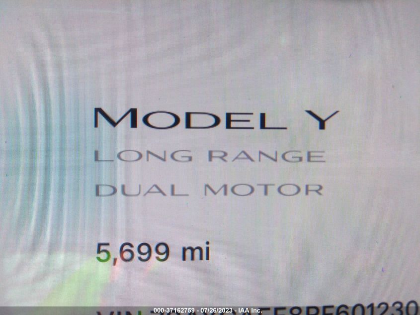 2023 Tesla Model Y Awd/Long Range Dual Motor All-Wheel Drive VIN: 7SAYGAEE8PF601230 Lot: 37162759