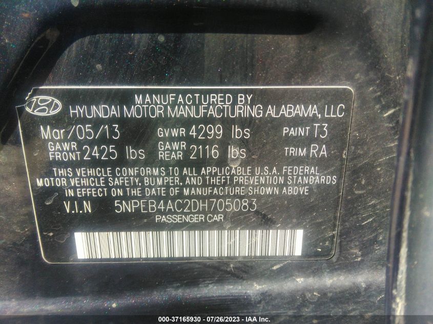 5NPEB4AC2DH705083 2013 Hyundai Sonata Gls