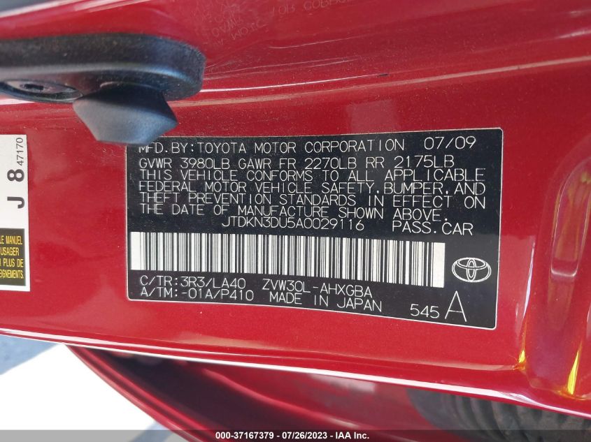 2010 Toyota Prius Iv VIN: JTDKN3DU5A0029116 Lot: 37167379