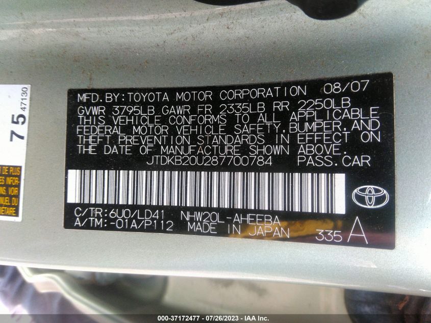 JTDKB20U287700784 2008 Toyota Prius Base (Cvt-E)