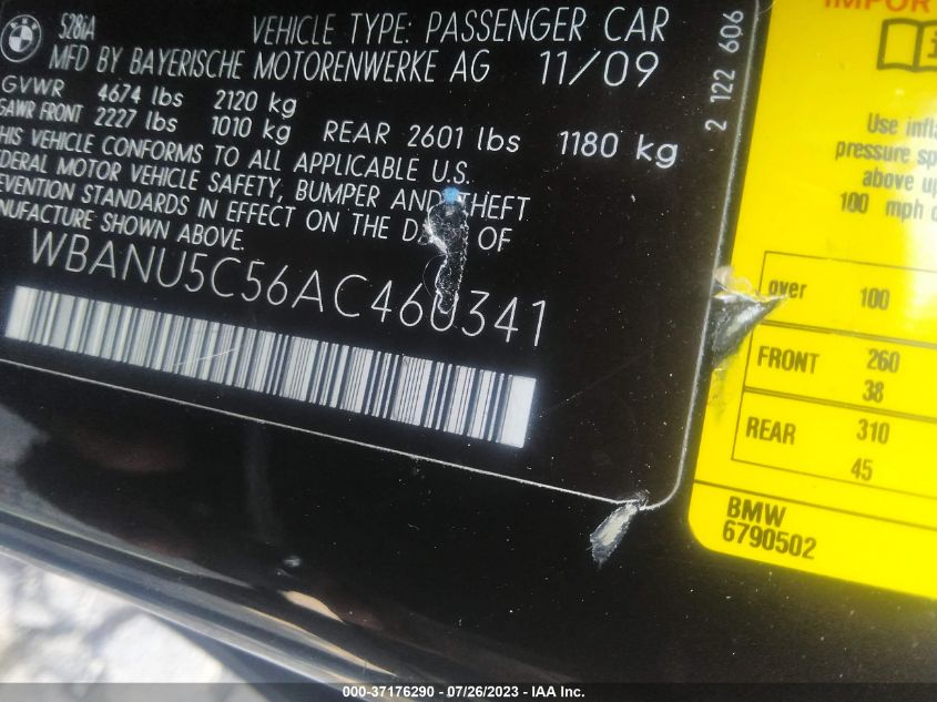 2010 BMW 528I VIN: WBANU5C56AC460341 Lot: 37176290