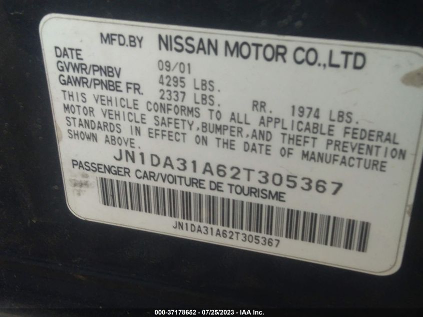 2002 Nissan Maxima Gle VIN: JN1DA31A62T305367 Lot: 37178652