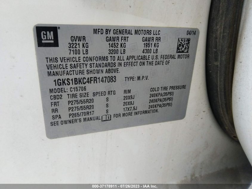 1GKS1BKC4FR147083 2015 GMC Yukon Slt