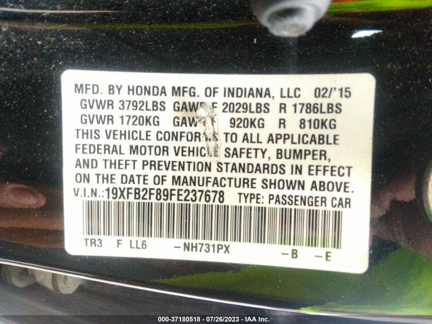 19XFB2F89FE237678 2015 Honda Civic Sedan Ex