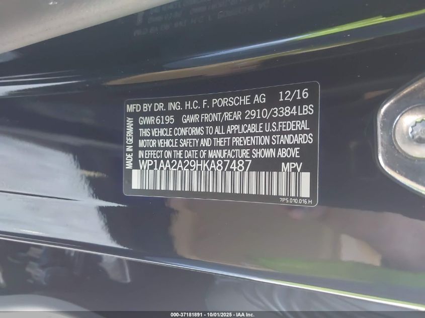 2017 Porsche Cayenne VIN: WP1AA2A29HKA87487 Lot: 37181891