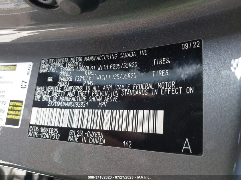 2022 Lexus Rx 450H F Sport Handling VIN: 2T2YGMDA4NC092831 Lot: 37182020