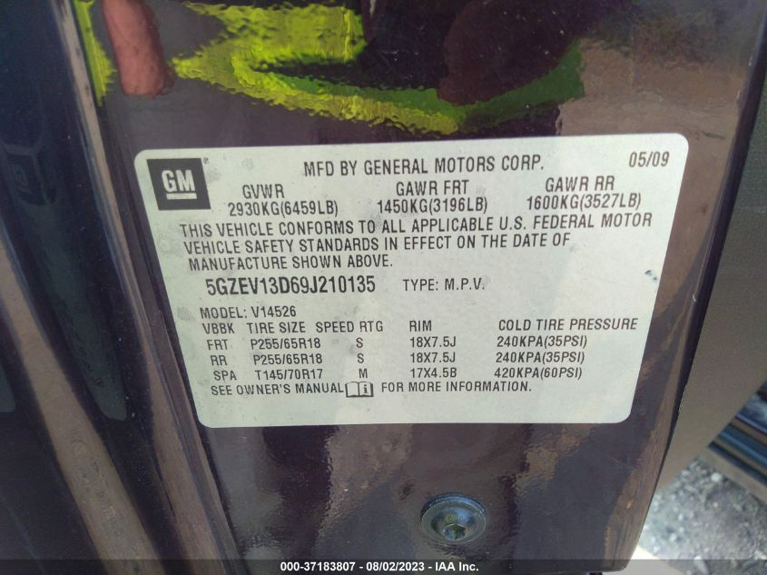 2009 Saturn Outlook Xe VIN: 5GZEV13D69J210135 Lot: 37183807