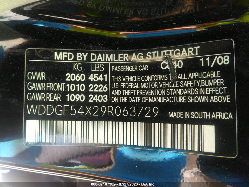 2009 MERCEDES-BENZ C CLASS VIN: WDDGF54X29R063729