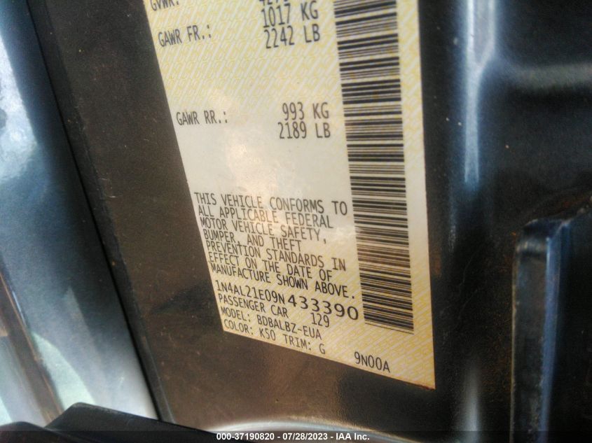2009 Nissan Altima 2.5 S VIN: 1N4AL21E09N433390 Lot: 37190820