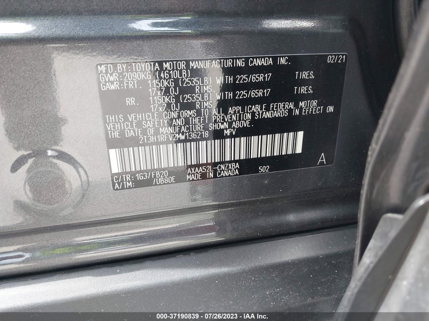 2021 Toyota Rav4 Le VIN: 2T3H1RFV2MW136218 Lot: 37190839