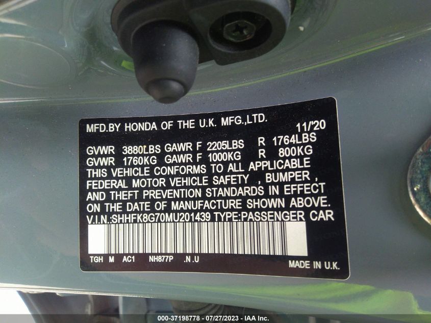 2021 Honda Civic Type R Touring VIN: SHHFK8G70MU201439 Lot: 37198778