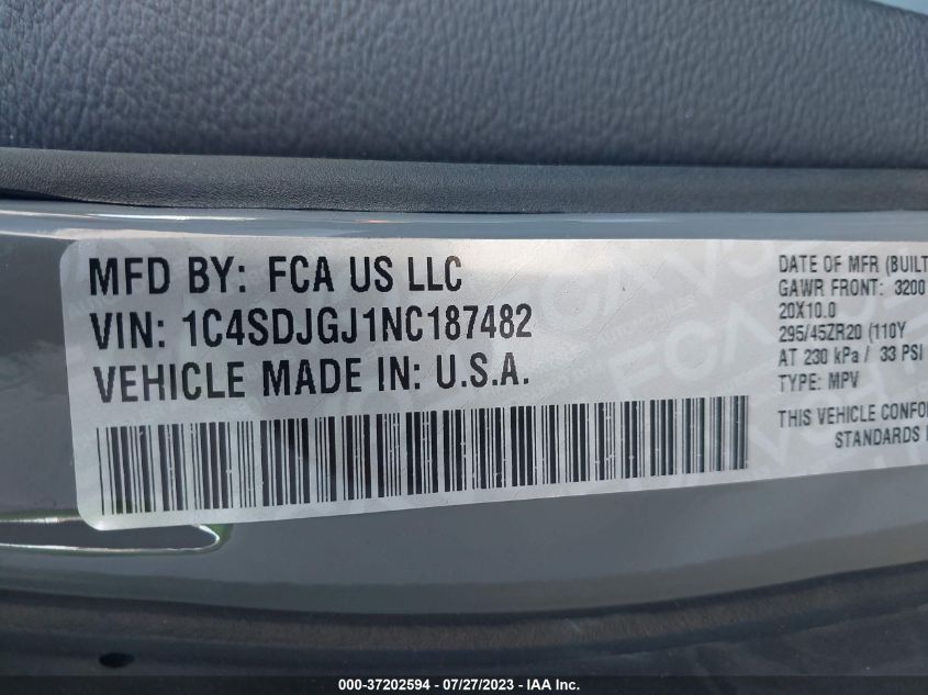 2022 Dodge Durango Srt 392 VIN: 1C4SDJGJ1NC187482 Lot: 37202594