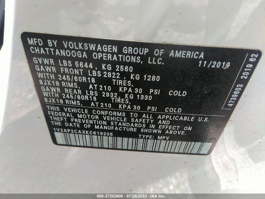 2019 Volkswagen Atlas 2.0T S VIN: 1V2AP2CAXKC619205 Lot: 37202608