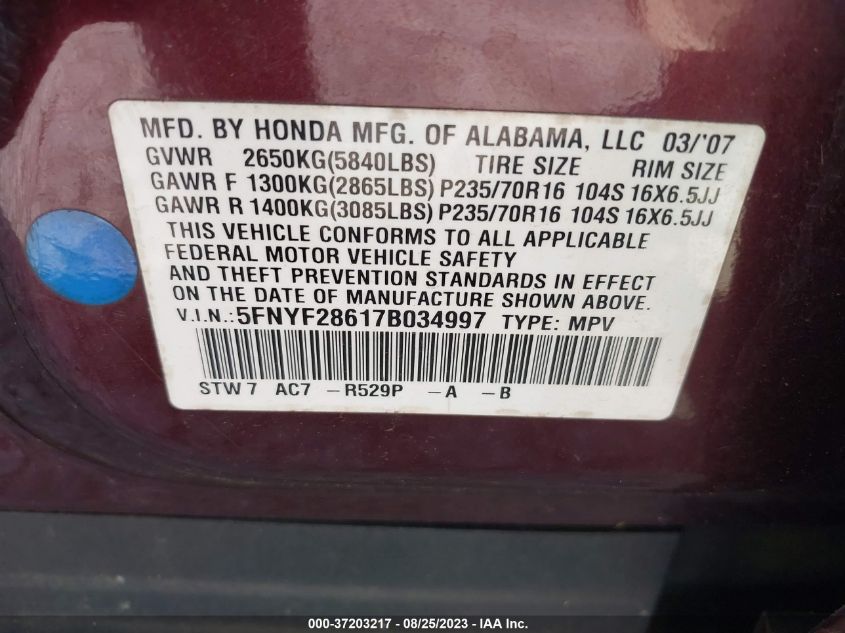 2007 Honda Pilot Ex-L VIN: 5FNYF28617B034997 Lot: 37203217