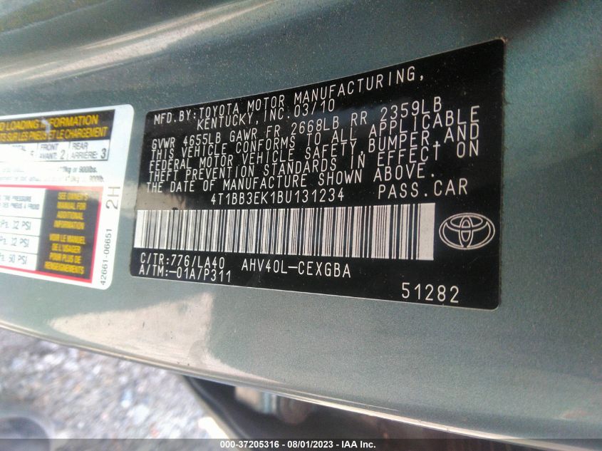 4T1BB3EK1BU131234 2011 Toyota Camry Hybrid