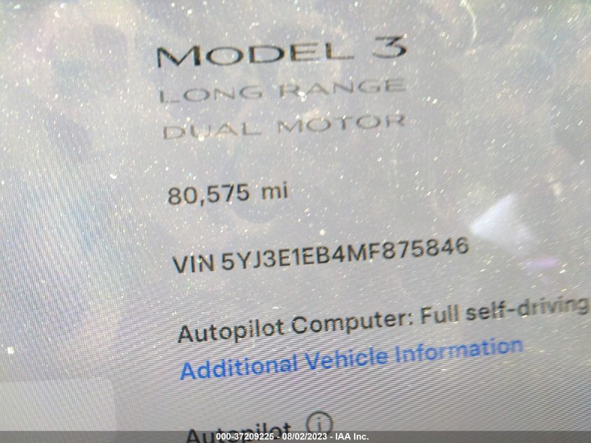 2021 Tesla Model 3 Long Range Dual Motor All-Wheel Drive VIN: 5YJ3E1EB4MF875846 Lot: 37209225