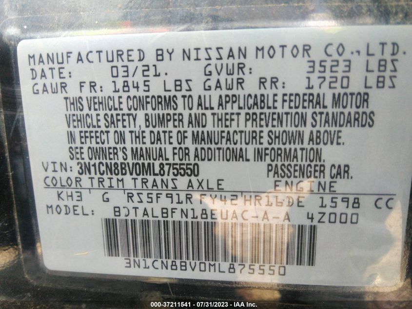 2021 Nissan Versa S 5-Speed Manual Transmission VIN: 3N1CN8BV0ML875550 Lot: 37211541