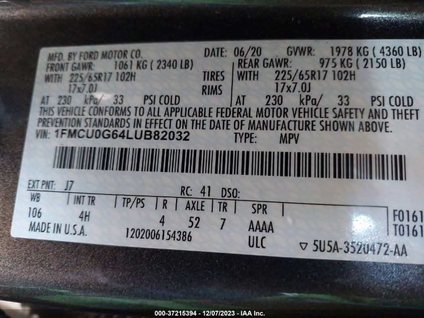 1FMCU0G64LUB82032 2020 Ford Escape Se