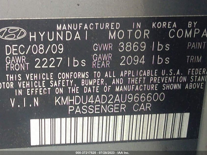 2010 Hyundai Elantra Gls VIN: KMHDU4AD2AU966600 Lot: 37217525