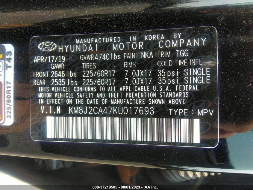 KM8J2CA47KU017693 2019 HYUNDAI TUCSON photo no. 9