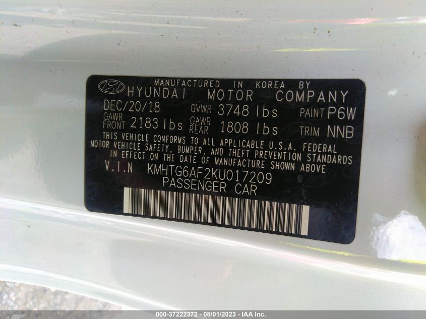 2019 Hyundai Veloster 2.0 VIN: KMHTG6AF2KU017209 Lot: 37222372