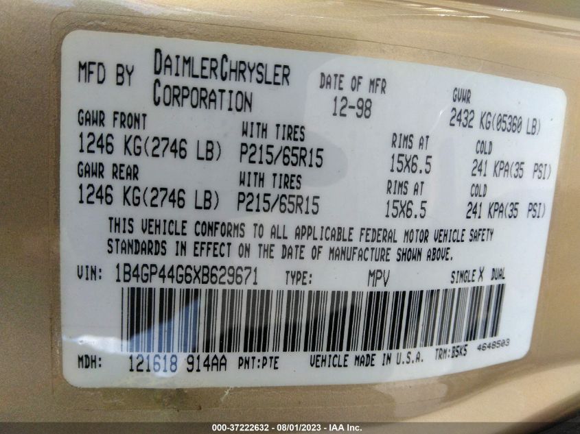 1999 Dodge Grand Caravan Se VIN: 1B4GP44G6XB629671 Lot: 37222632