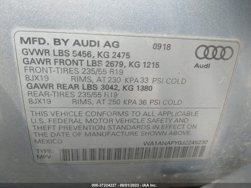 2018 Audi Q5 2.0T Tech Premium/2.0T Premium VIN: WA1ANAFY0J2245230 Lot: 37224227