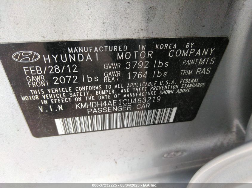 KMHDH4AE1CU463219 2012 Hyundai Elantra Limited (Ulsan Plant)