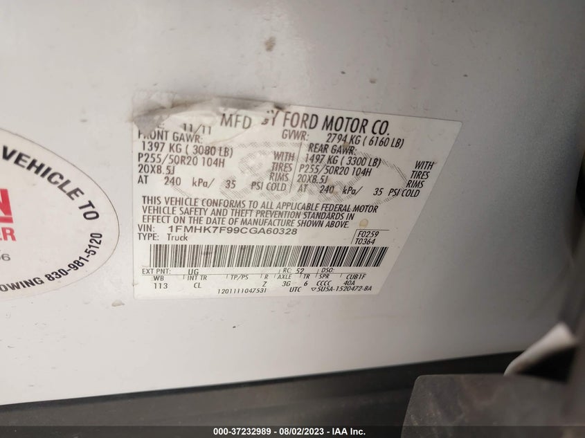 1FMHK7F99CGA60328 2012 Ford Explorer Limited