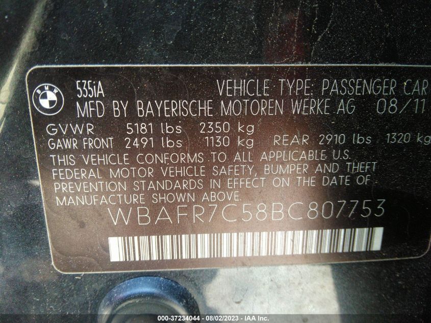 2011 BMW 535I VIN: WBAFR7C58BC807753 Lot: 37234044