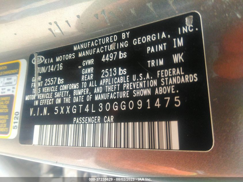 2016 Kia Optima Lx VIN: 5XXGT4L30GG091475 Lot: 37235629