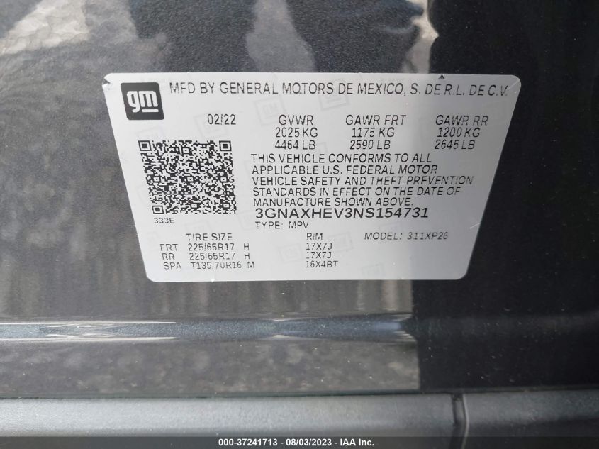 2022 Chevrolet Equinox Fwd Ls VIN: 3GNAXHEV3NS154731 Lot: 37241713