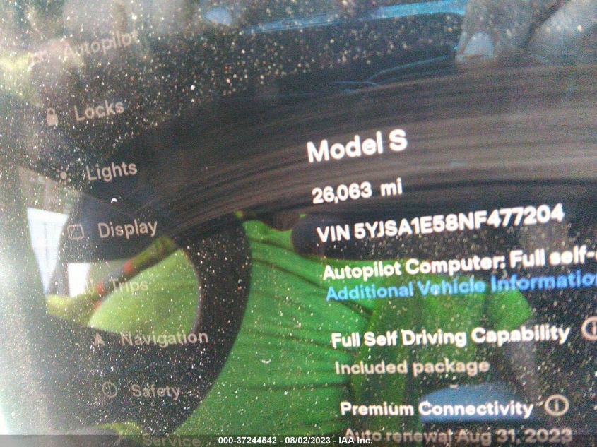 2022 Tesla Model S VIN: 5YJSA1E58NF477204 Lot: 37244542