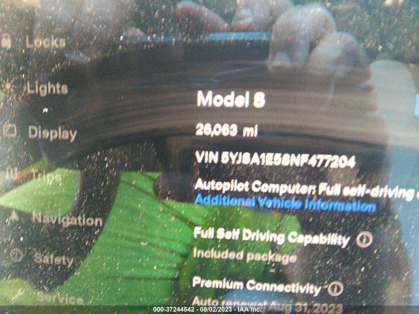 2022 Tesla Model S VIN: 5YJSA1E58NF477204 Lot: 37244542