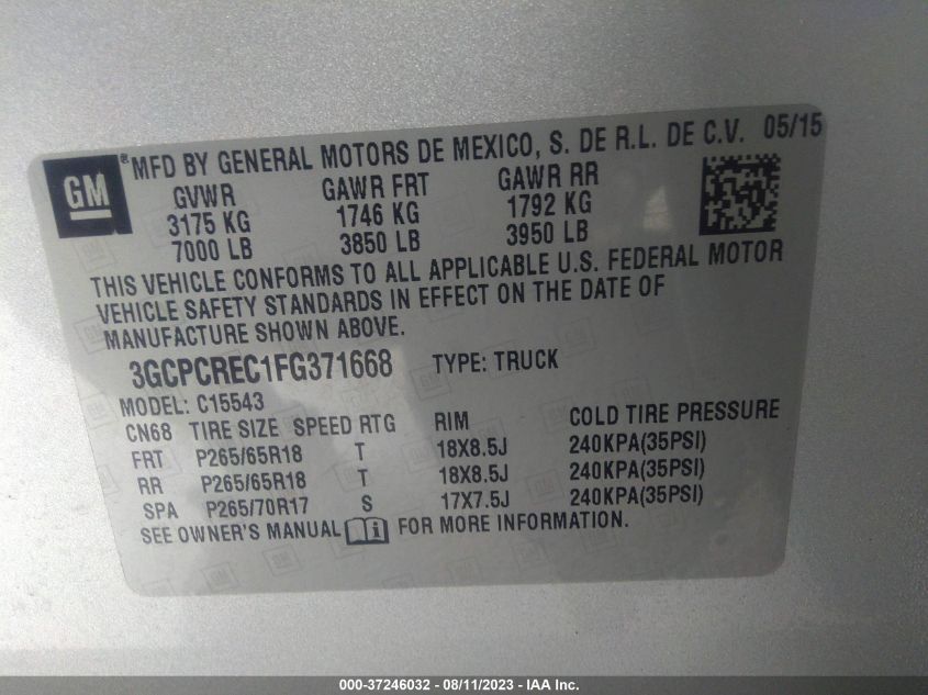 3GCPCREC1FG371668 2015 Chevrolet Silverado 1500 2Lt