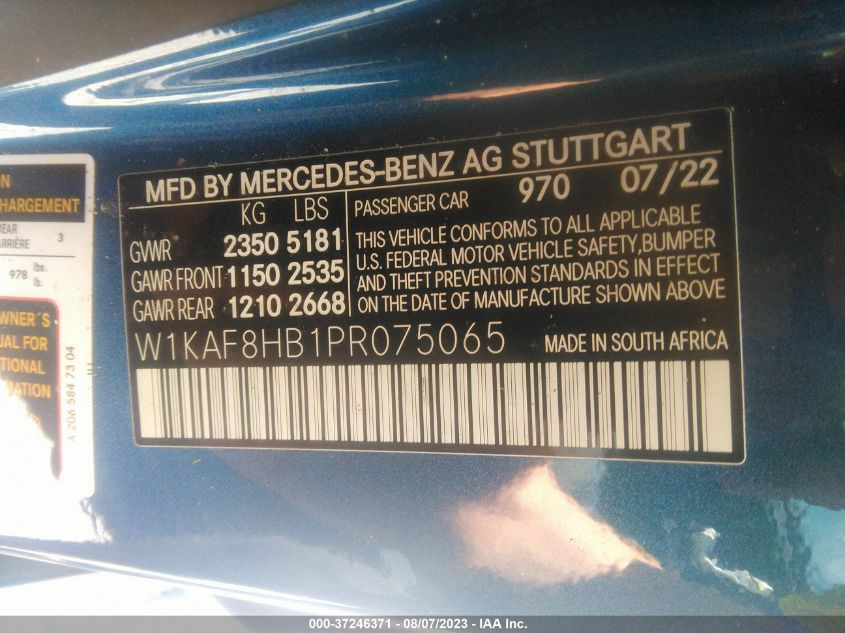 2023 Mercedes-Benz C-Class Amg C 43 VIN: W1KAF8HB1PR075065 Lot: 37246371