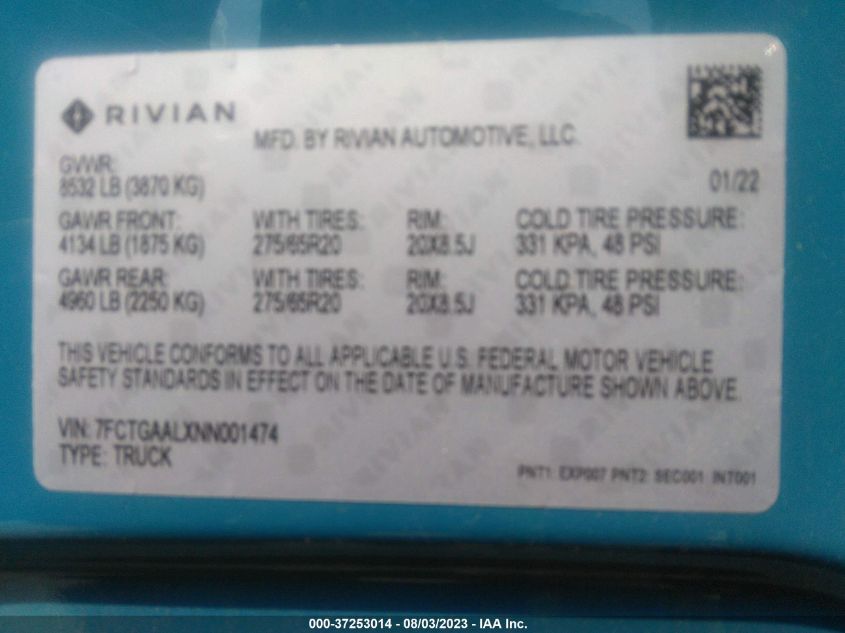 7FCTGAALXNN001474 2022 Rivian R1T Launch Edition