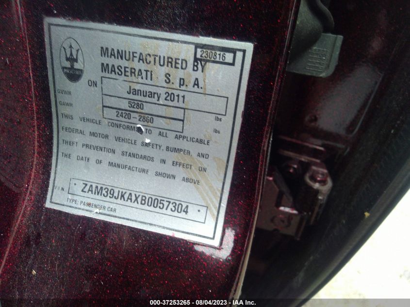 2011 Maserati Quattroporte S VIN: ZAM39JKAXB0057304 Lot: 37253265