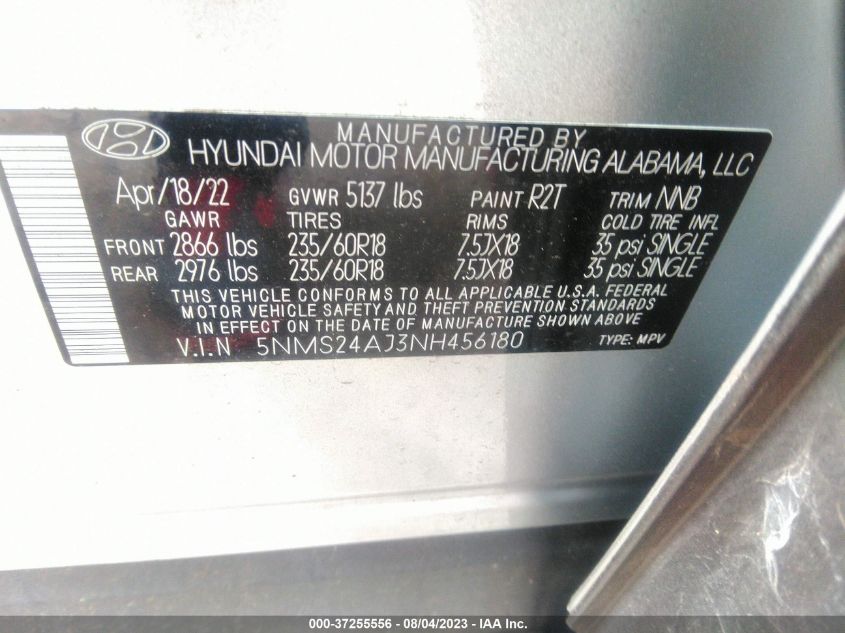 2022 Hyundai Santa Fe Sel VIN: 5NMS24AJ3NH456180 Lot: 37255556