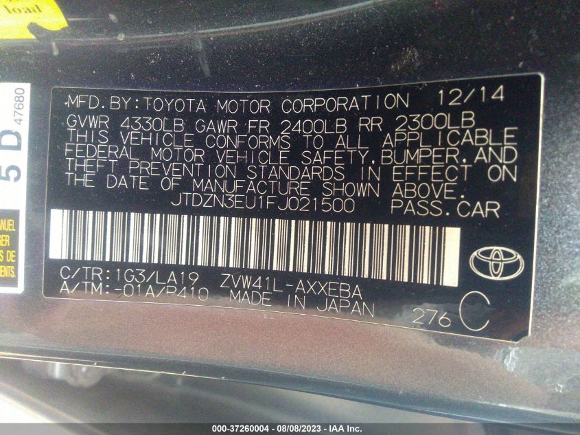 JTDZN3EU1FJ021500 2015 Toyota Prius V Two/Five/Three/Four