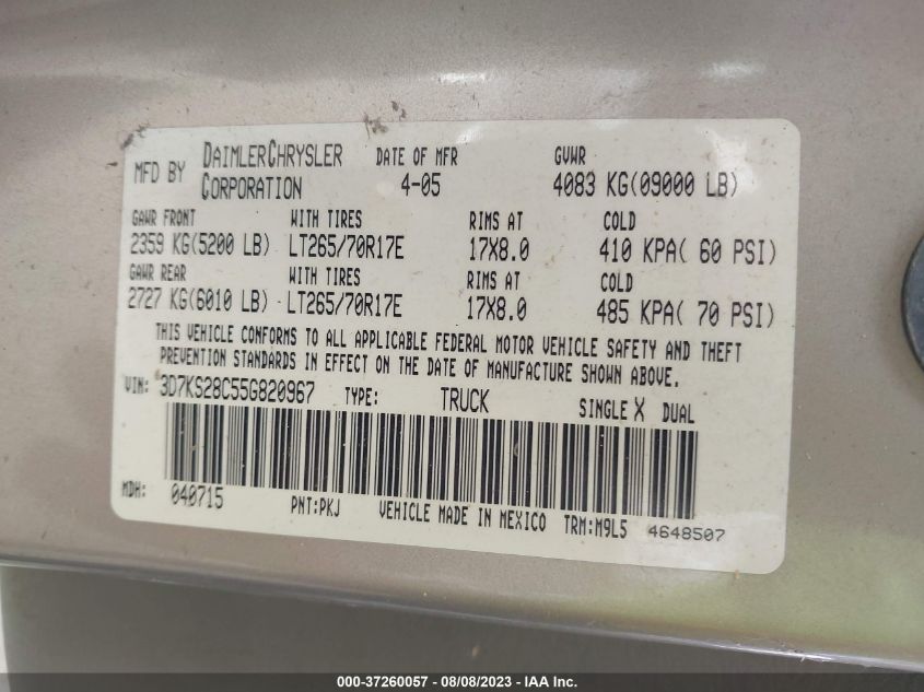 2005 Dodge Ram 2500 Slt VIN: 3D7KS28C55G820967 Lot: 37260057