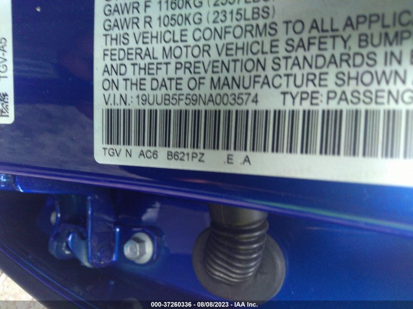 2022 Acura Tlx W/A-Spec Package VIN: 19UUB5F59NA003574 Lot: 37260336