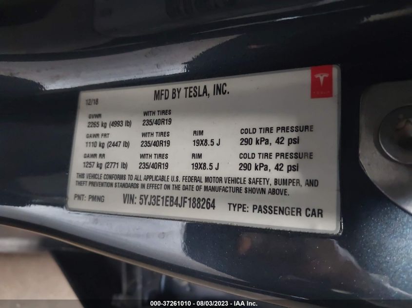 5YJ3E1EB4JF188264 2018 Tesla Model 3 Performance/Long Range