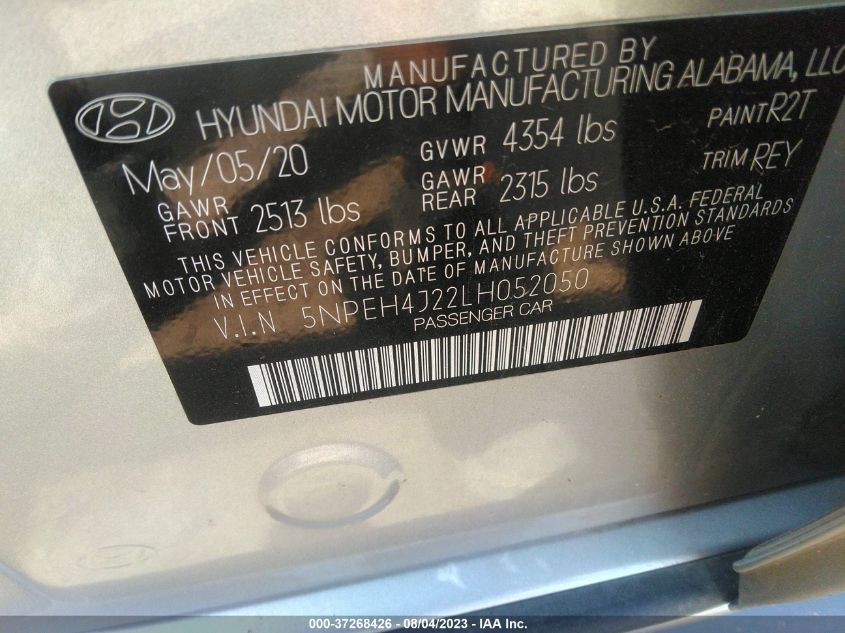 2020 Hyundai Sonata Limited VIN: 5NPEH4J22LH052050 Lot: 37268426