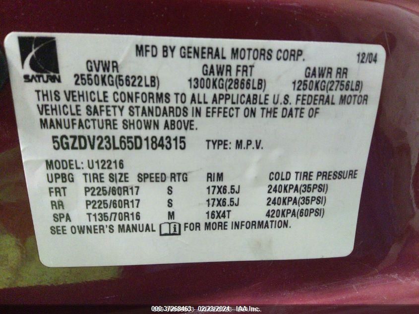 2005 Saturn Relay Relay 3 VIN: 5GZDV23L65D184315 Lot: 37268463