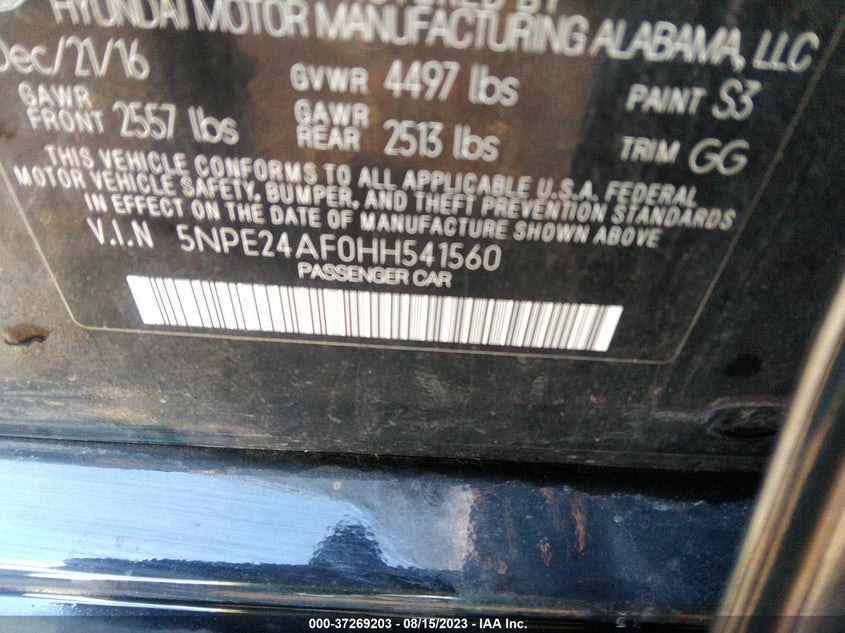 VIN 5NPE24AF0HH541560 2017 HYUNDAI SONATA SE