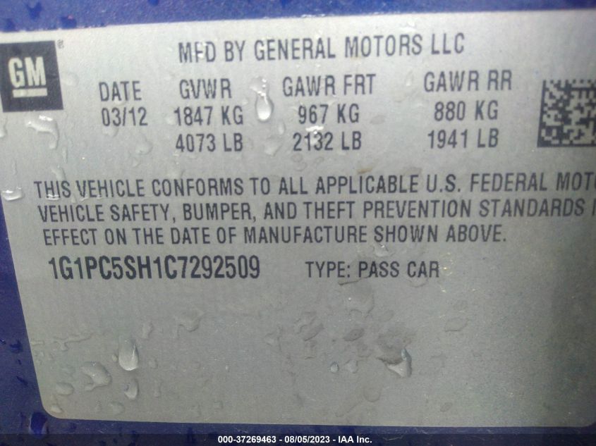 2012 Chevrolet Cruze Ls VIN: 1G1PC5SH1C7292509 Lot: 37269463