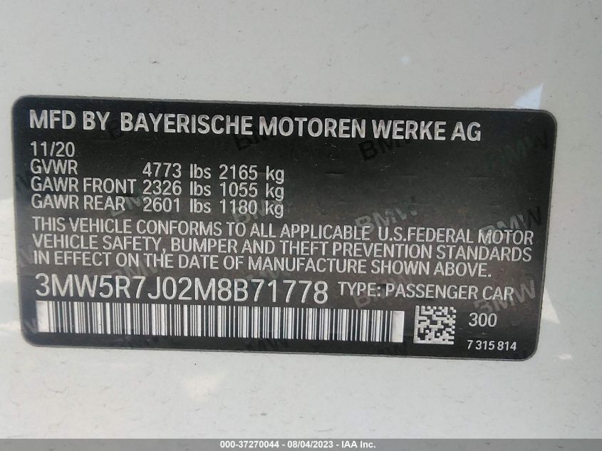 2021 BMW 330I xDrive VIN: 3MW5R7J02M8B71778 Lot: 37270044