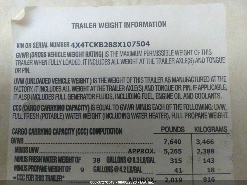 2008 Cherokee Travel Trailer VIN: 4X4TCKB288X107504 Lot: 37270549