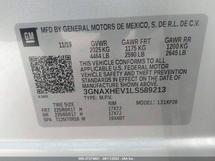 2020 Chevrolet Equinox Fwd Ls VIN: 3GNAXHEV1LS589213 Lot: 40295827